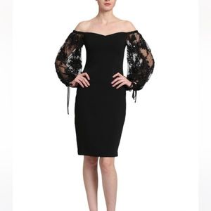 Badgley Mischka Black knee length beaded sheer 3/4 sleeve cocktail dress size 2